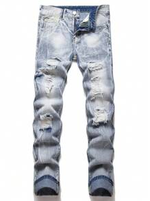 Quần Jeans Nam Túi Bị tách Dây kéo màu trơn - Rửa nhẹ - Xem 1