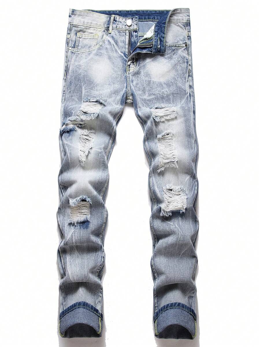 Quần Jeans Nam Túi Bị tách Dây kéo màu trơn - Rửa nhẹ - Xem 1