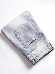 Quần Jeans Nam Túi Bị tách Dây kéo màu trơn - Rửa nhẹ - Xem 4