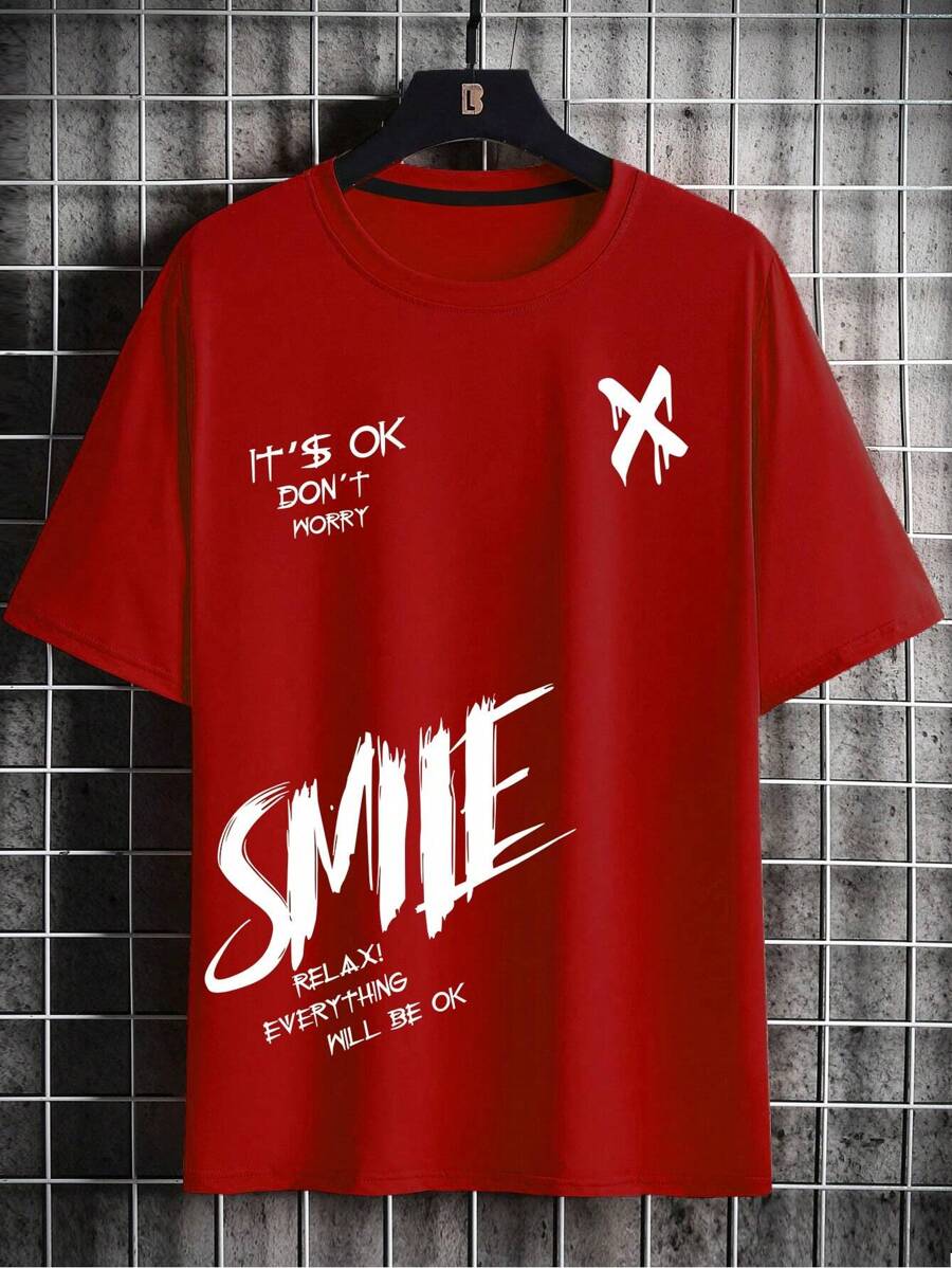 Manfinity Homme Hombres Camiseta con estampado de slogan - Rojo - Ver 1