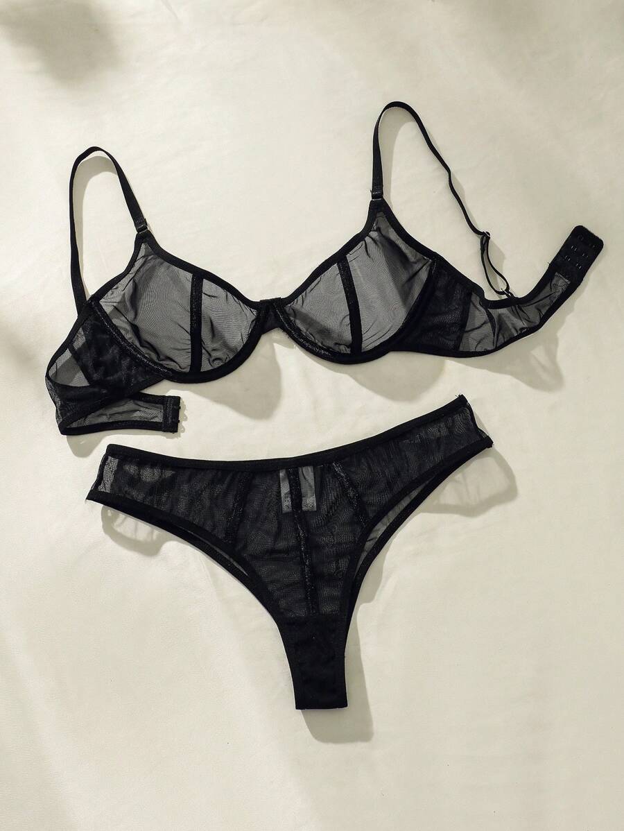 SHEIN Lưới trong suốt Vòng thép Bộ đồ lót - màu đen - Xem 1