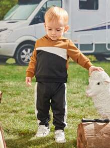 SHEIN Baby Boys' Comfortable Casual Hooded Two Piece Set With Colour Block Design For Fall And Winter - Multicolor - View 3