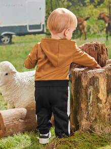 SHEIN Baby Boys' Comfortable Casual Hooded Two Piece Set With Colour Block Design For Fall And Winter - Multicolor - View 4