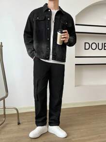 Manfinity VCAY Áo khoác denim dáng rộng có túi xẻ vai cho nam - màu đen - Xem 5