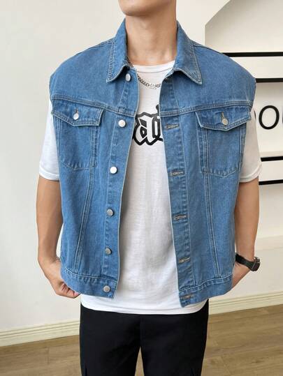 Hombres Cazadora chaleco con bolsillo con solapa mezclilla sin camiseta