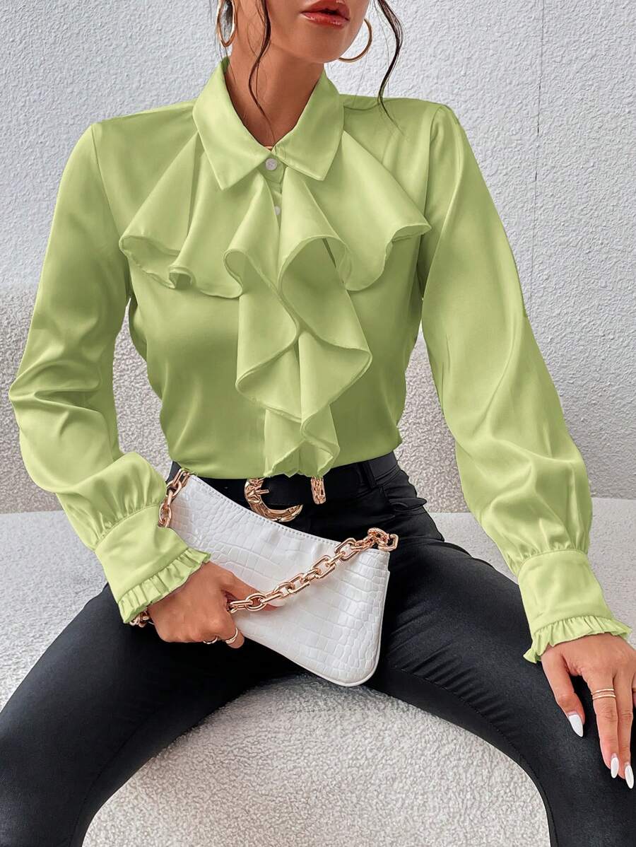 SHEIN Privé 荷葉邊前紐扣襯衫 - 橄欖綠 - 查看 1