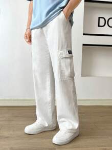 Manfinity RebelGame Loose Fit Men's Cargo Jeans With Letter Patchwork Flap Pockets And Side Baggy Long Washed Jean Plain All White Going Out Fashion Friends - White - View 1
