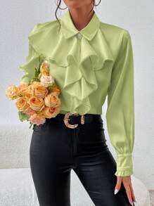 SHEIN Privé 荷葉邊前紐扣襯衫 - 橄欖綠 - 查看 3