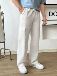 Manfinity RebelGame Loose Fit Men's Cargo Jeans With Letter Patchwork Flap Pockets And Side Baggy Long Washed Jean Plain All White Going Out Fashion Friends - White - View 3