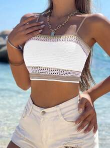 SHEIN Unity 拼接邊針織吊帶短上衣 - 卡其色 - 查看 1