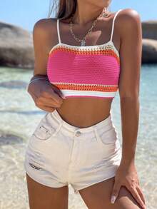 SHEIN Unity Contrast Trim Crop Cami Knit Top - Hot Pink - View 4