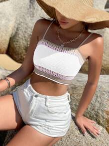 SHEIN Unity 拼接邊針織吊帶短上衣 - 卡其色 - 查看 6