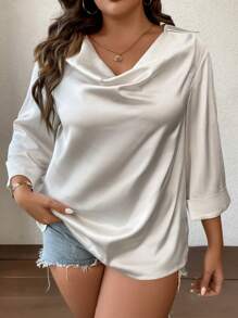 EMERY ROSE Plus Draped Collar Satin Blouse - Apricot - View 3