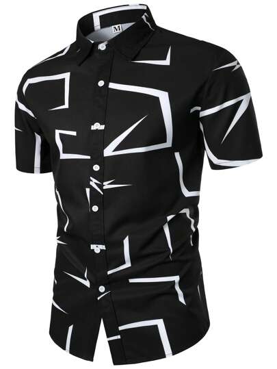 Camisa de manga corta de verano para hombre con patrón geométrico 3D, de estilo casual y de negocios
