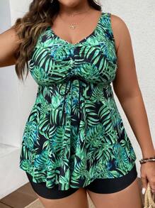 Swim Lushoire Summer Beach Plus Size Tropical Print Drawstring Front Swim Dress - Multicolor - View 4
