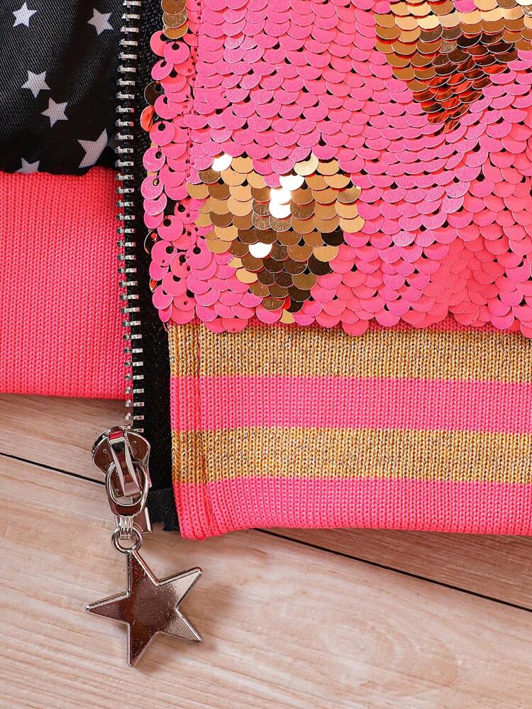 Young Girl Heart Sequin Zip Up Bomber Jacket