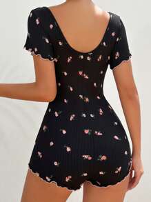 SHEIN Ditsy Floral Print Lettuce Trim Bow Front Sleep Romper - Black - View 2