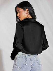 SHEIN BAE Solid Button Front Satin Crop Shirt,Long Sleeve Tops - Black - View 2