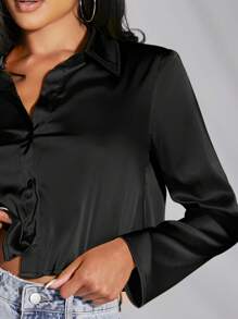 SHEIN BAE Solid Button Front Satin Crop Shirt,Long Sleeve Tops - Black - View 3