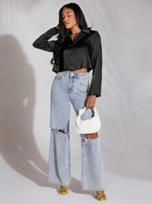 SHEIN BAE Solid Button Front Satin Crop Shirt,Long Sleeve Tops - Black - View 4