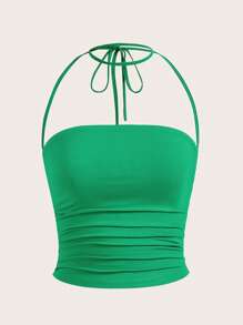 SHEIN Qutie Chất rắn Xù Áo hai dây - màu xanh lá - Xem 1