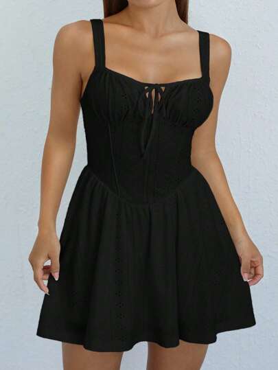 SHEIN EZwear Knytning Fram Rynkad Byst Linne Klänning