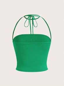 SHEIN Qutie Chất rắn Xù Áo hai dây - màu xanh lá - Xem 2