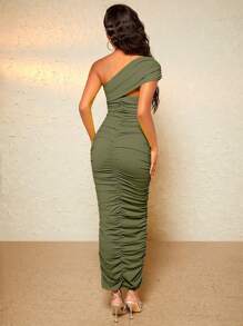 SHEIN BAE Một bờ vai Xù Váy bodycon - xanh quân đội - Xem 2