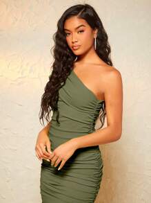 SHEIN BAE Một bờ vai Xù Váy bodycon - xanh quân đội - Xem 5