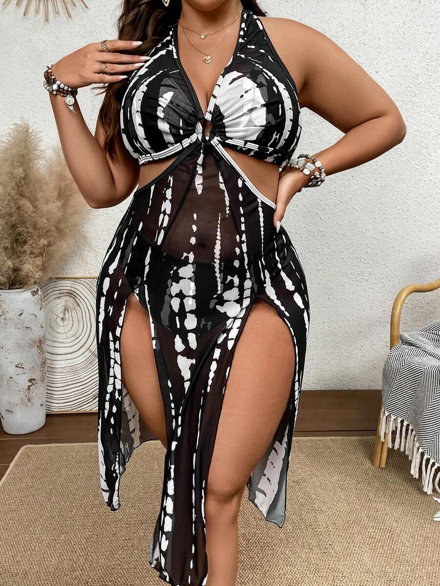 Swim Lushoire 夏季海滩大码扎染吊带泳衣（带罩衫） - 黑與白 - 查看 1