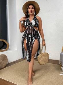 Swim Lushoire 夏季海滩大码扎染吊带泳衣（带罩衫） - 黑與白 - 查看 6