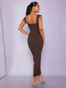 SHEIN BAE Solid Square Neck Bodycon Dress - Chocolate Brown - View 2