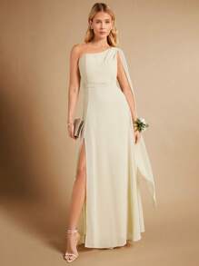 SHEIN Belle One Shoulder Split Thigh Bridesmaid Dress - Beige - View 1