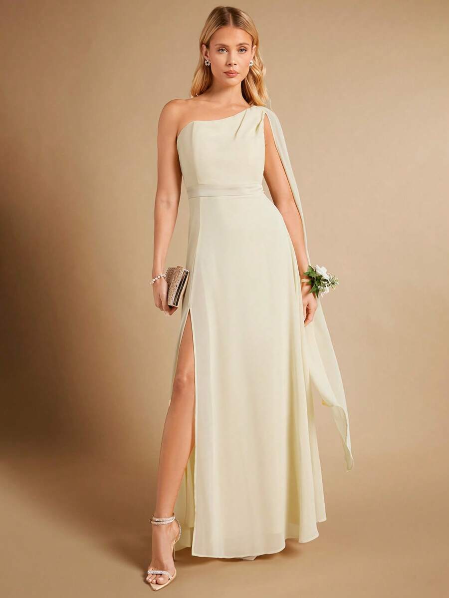SHEIN Belle One Shoulder Split Thigh Bridesmaid Dress - Beige - View 1
