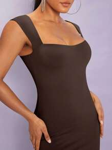 SHEIN BAE Solid Square Neck Bodycon Dress - Chocolate Brown - View 4
