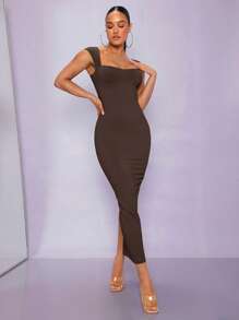 SHEIN BAE Solid Square Neck Bodycon Dress - Chocolate Brown - View 5