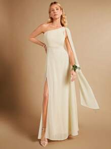 SHEIN Belle One Shoulder Split Thigh Bridesmaid Dress - Beige - View 4