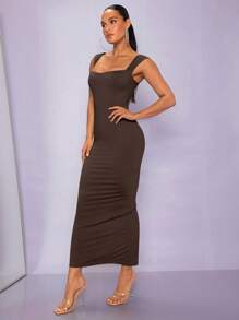 SHEIN BAE Solid Square Neck Bodycon Dress - Chocolate Brown - View 6