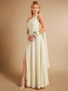 SHEIN Belle One Shoulder Split Thigh Bridesmaid Dress - Beige - View 5