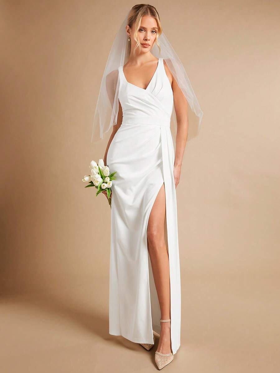 SHEIN Belle Split Thigh Wedding Dress Without Veil White Elegant Bridesmaid Dress