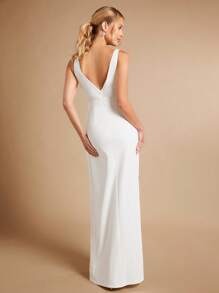 SHEIN Belle Split Thigh Wedding Dress Without Veil White Elegant Bridesmaid Dress
