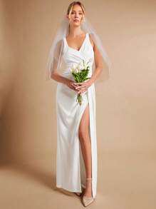 SHEIN Belle Split Thigh Wedding Dress Without Veil White Elegant Bridesmaid Dress