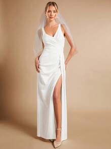 SHEIN Belle Split Thigh Wedding Dress Without Veil White Elegant Bridesmaid Dress