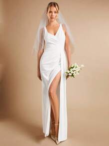 SHEIN Belle Split Thigh Wedding Dress Without Veil White Elegant Bridesmaid Dress