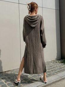 DAZY Thả vai Viền chia cắt Dây rút áo có mũ Đầm Áo len - Màu Khaki - Xem 2