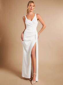 SHEIN Belle Split Thigh Wedding Dress Without Veil White Elegant Bridesmaid Dress