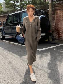 DAZY Thả vai Viền chia cắt Dây rút áo có mũ Đầm Áo len - Màu Khaki - Xem 3