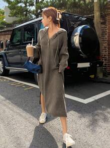 DAZY Thả vai Viền chia cắt Dây rút áo có mũ Đầm Áo len - Màu Khaki - Xem 4