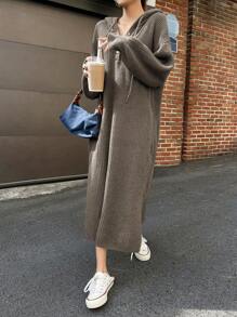 DAZY Thả vai Viền chia cắt Dây rút áo có mũ Đầm Áo len - Màu Khaki - Xem 5