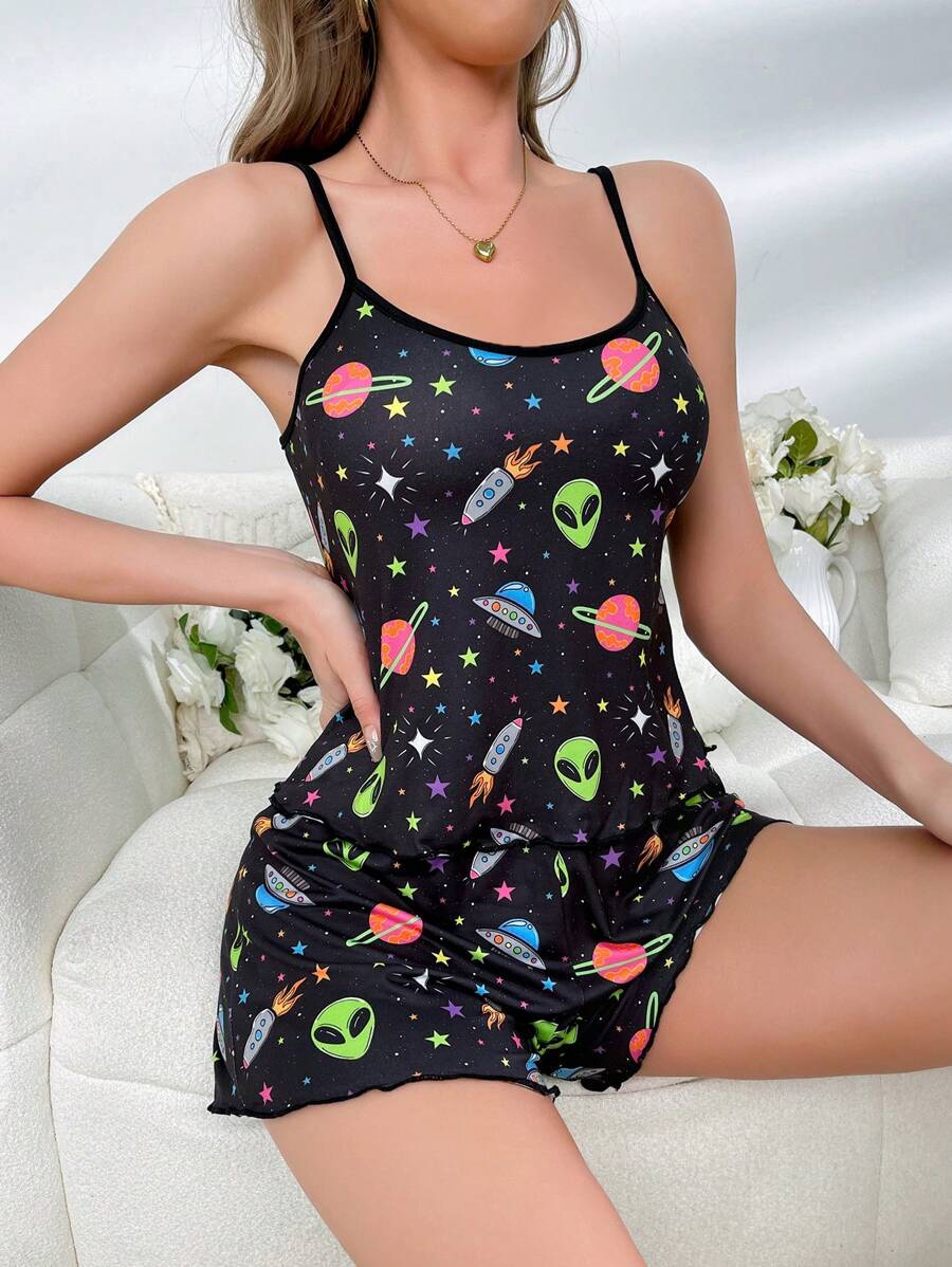 ThisUniqueVibe Alien Print Lettuce Trim PJ Set